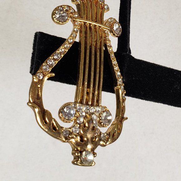 Monet Signed Vintage Ancient Harp Golden Brooch Pin Gold Tone and Rhinestones - Picture 7 of 11